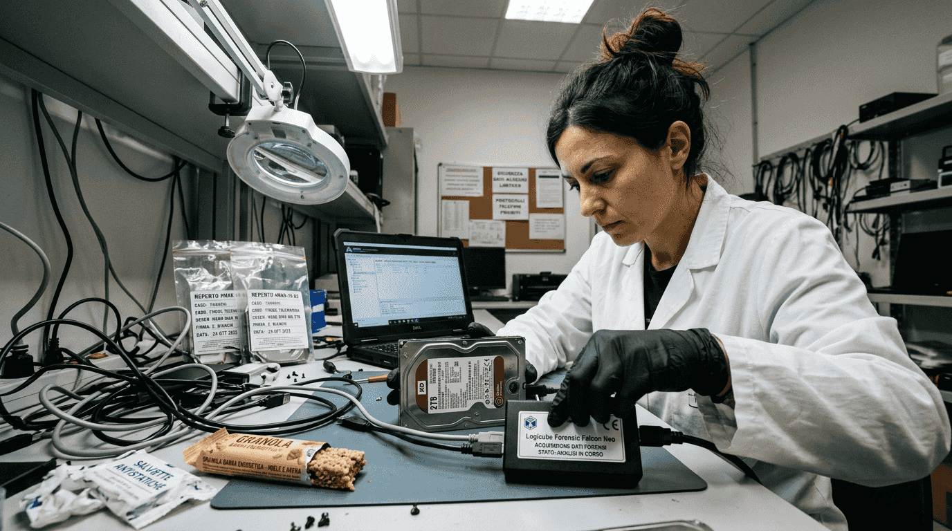 Un esperto di informatica forense sta esaminando i dati presenti su un hard disk alla ricerca di prove digitali.