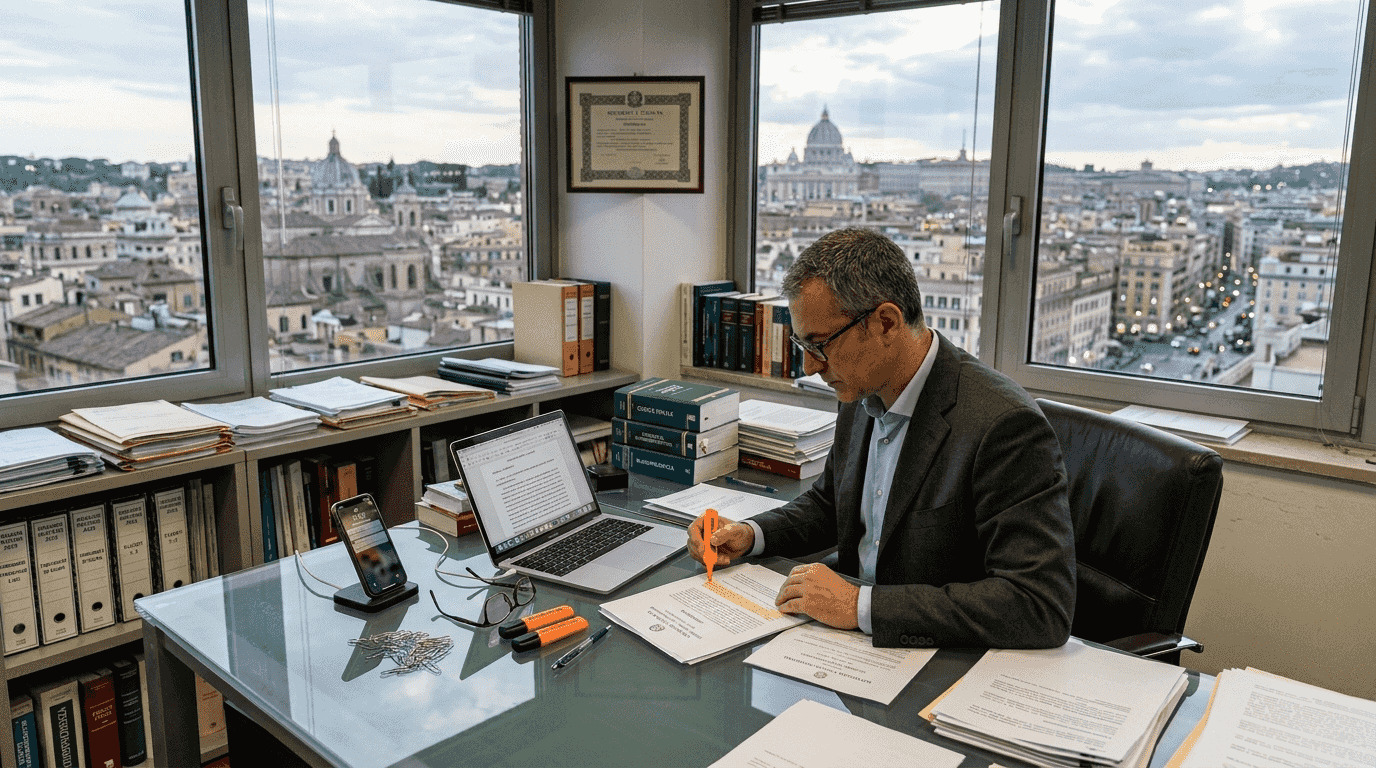 Un avvocato esamina attentamente la documentazione legale nel suo studio.